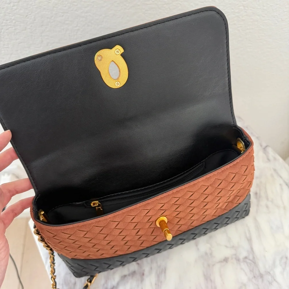 Brown Black Two-Tone Woven Leather Top Handle Crossbody Chain Strap Bag - Picture 10 of 14